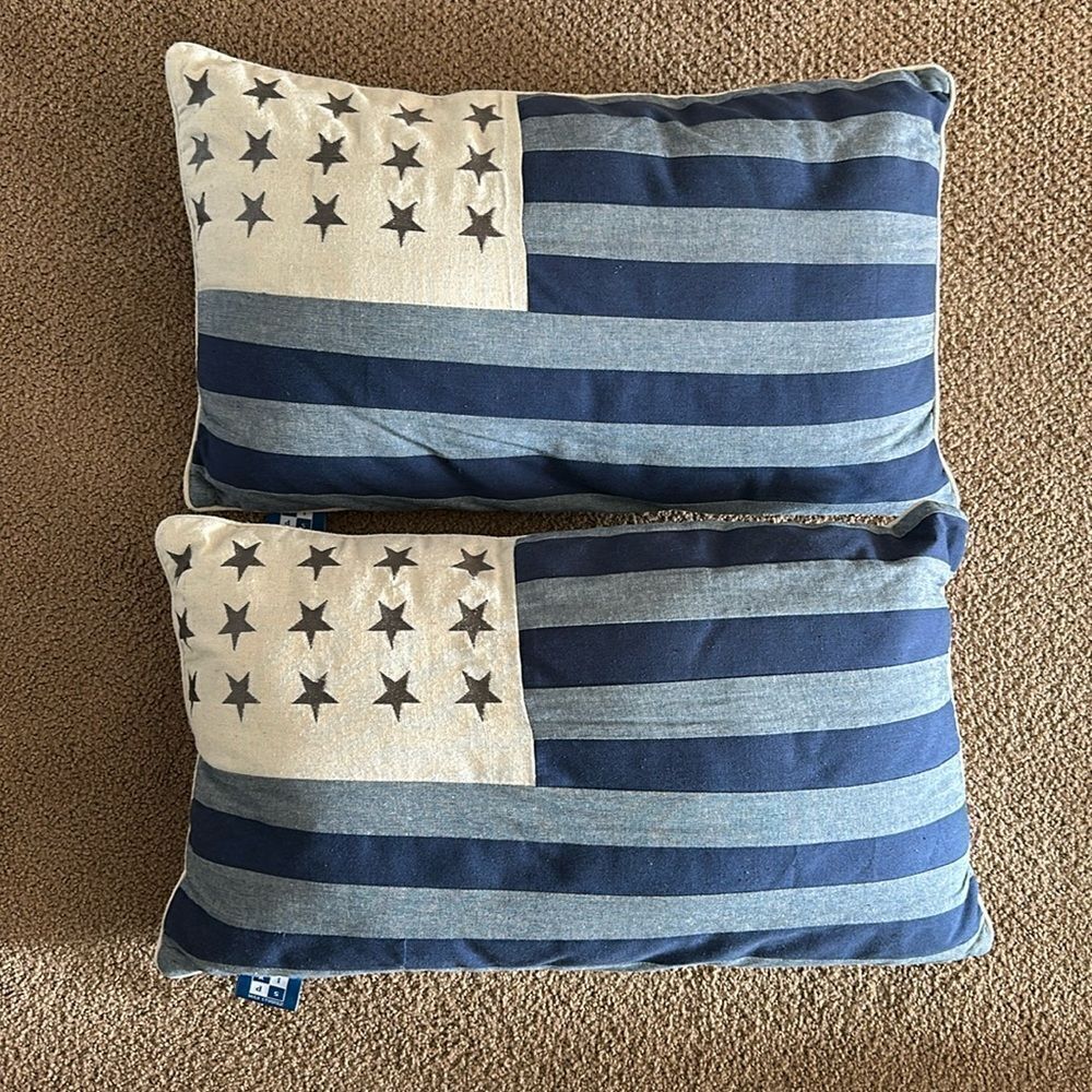 Max Studio Set of 2 Flag Design Throw Pillows Blue Silver Ivory Size 23” x 13”